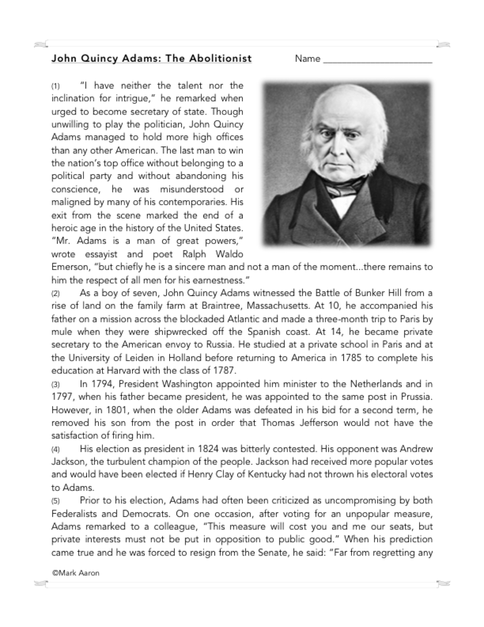 John Quincy Adams U.S. President Biography and Assessment Made By Teachers