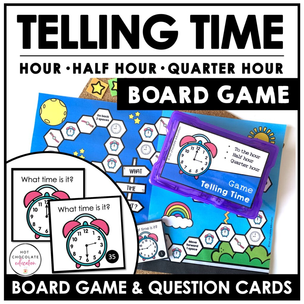 Telling Time Board Game Reading Analog Clocks Hour, Half Hour, 15
