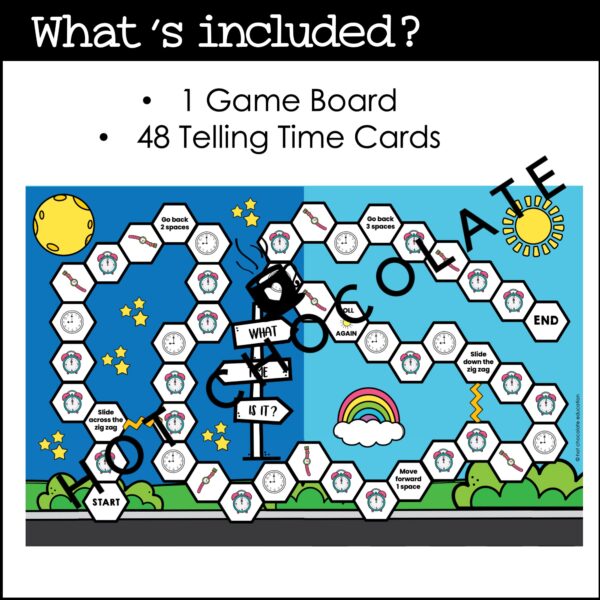 Telling Time Board Game Reading Analog Clocks Hour, Half Hour, 15