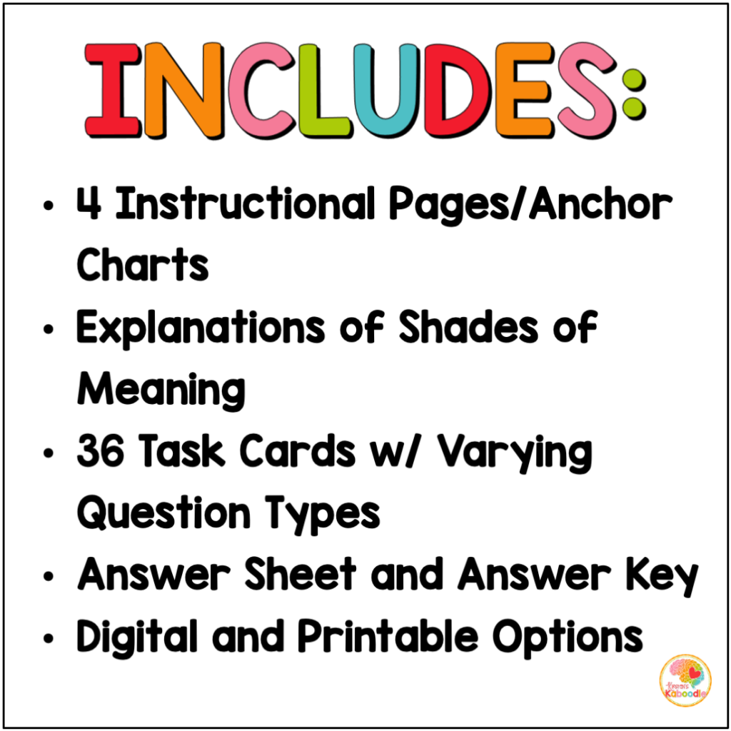 Shades of Meaning Task Cards & Anchor Charts Activities Made By Teachers