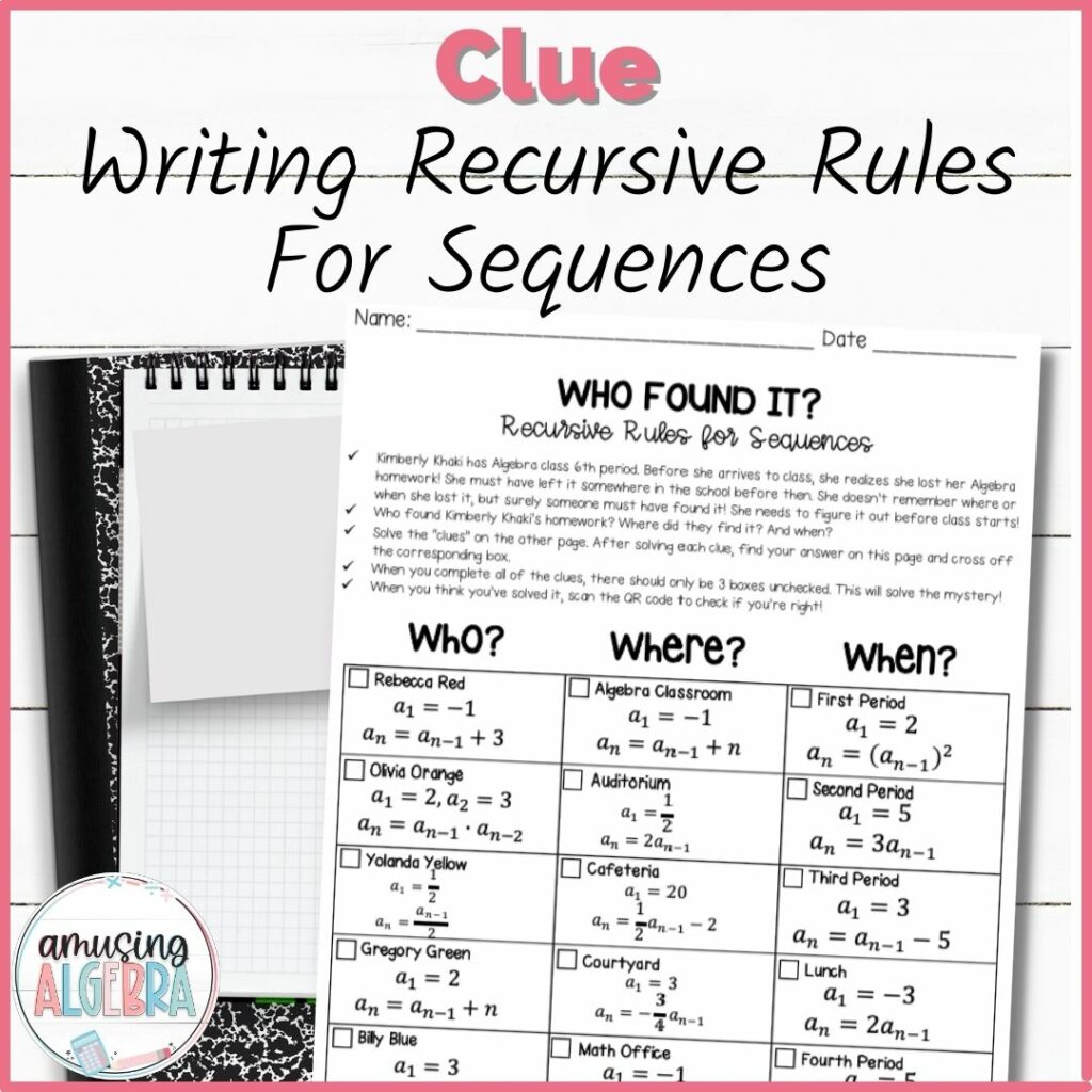 Writing Recursive Rules for Sequences Clue Mystery Activity | Made By ...