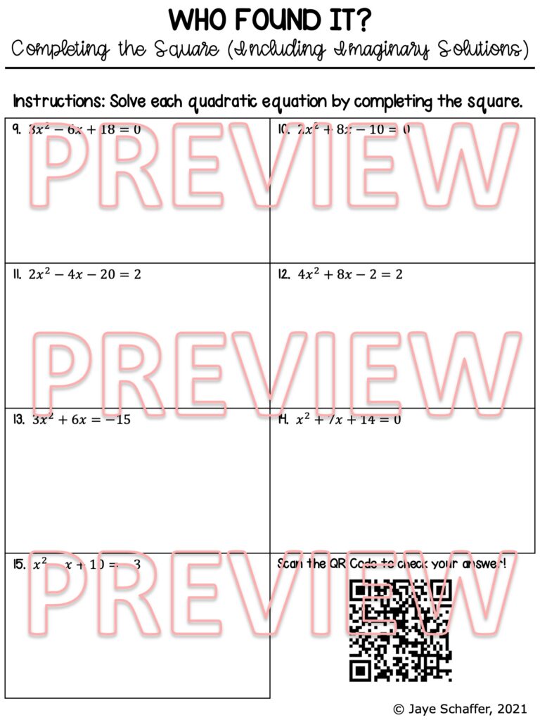 Completing the Square (Including Imaginary Solutions) Clue Mystery ...
