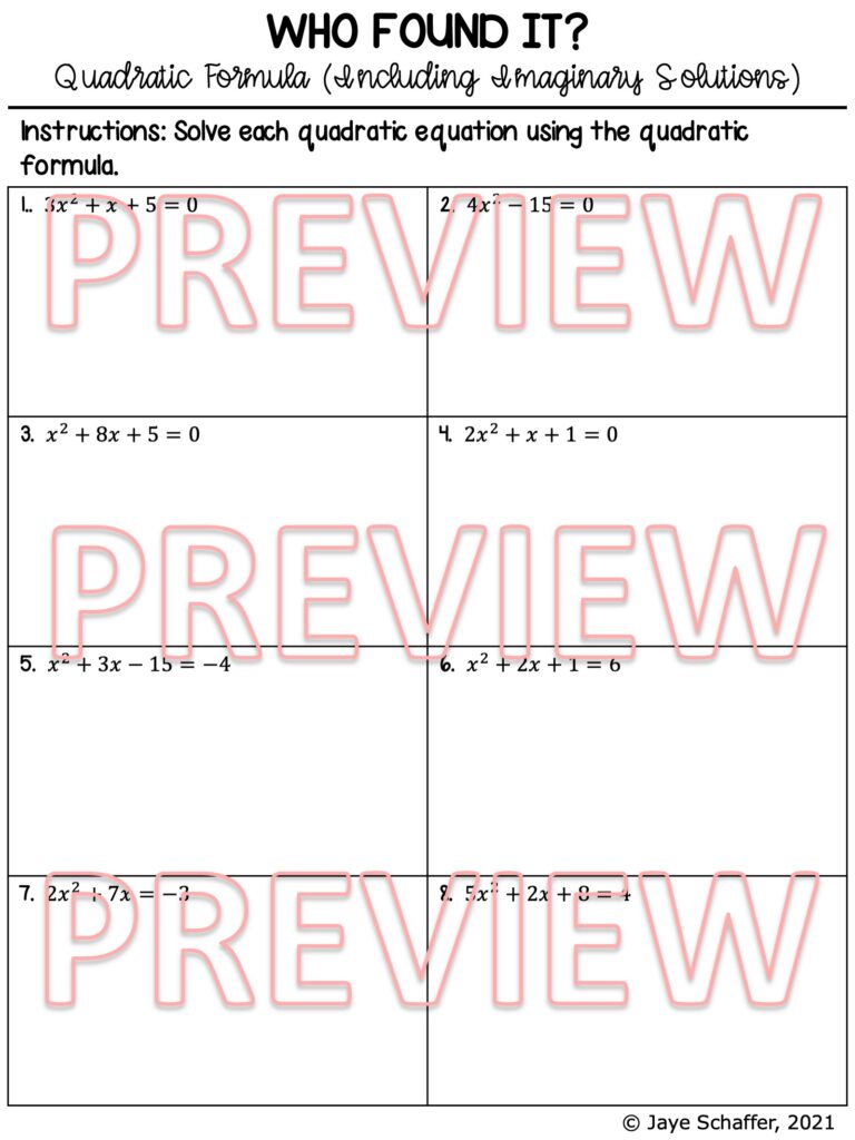 Quadratic Formula (Including Imaginary Solutions) Clue Mystery Activity ...