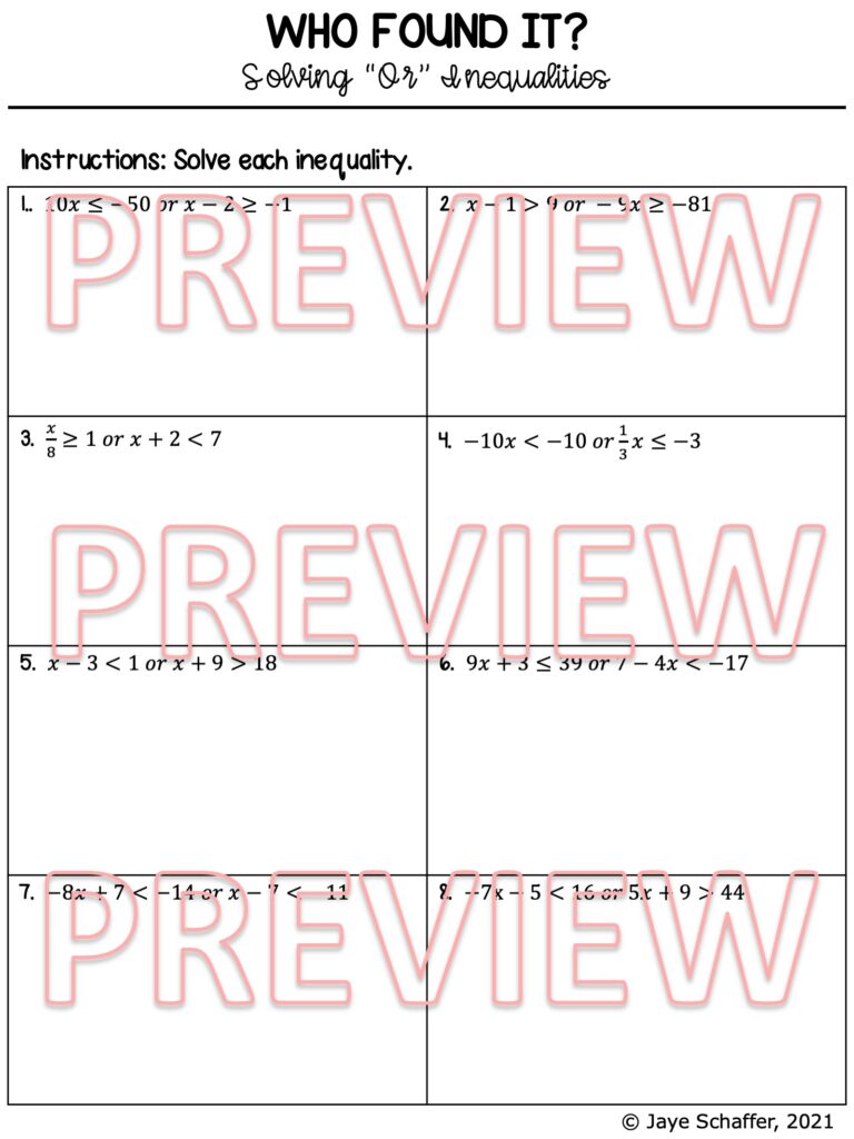 Solving "Or" Compound Inequalities Clue Mystery Activity Made By Teachers