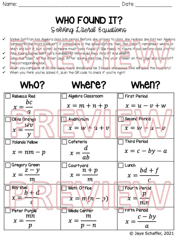 Solving Literal Equations Clue Mystery Activity - Made By Teachers