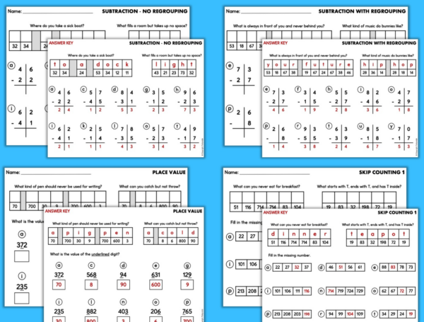 2nd Grade Math Riddles Addition Subtraction Skip Counting Time Place ...