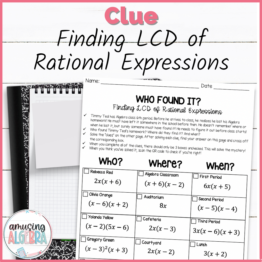 Finding LCD Of Rational Expressions Clue Mystery Activity Made By