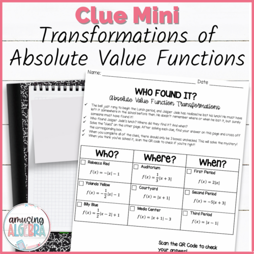 Transformations of Absolute Value Functions Clue Mini Mystery Activity ...