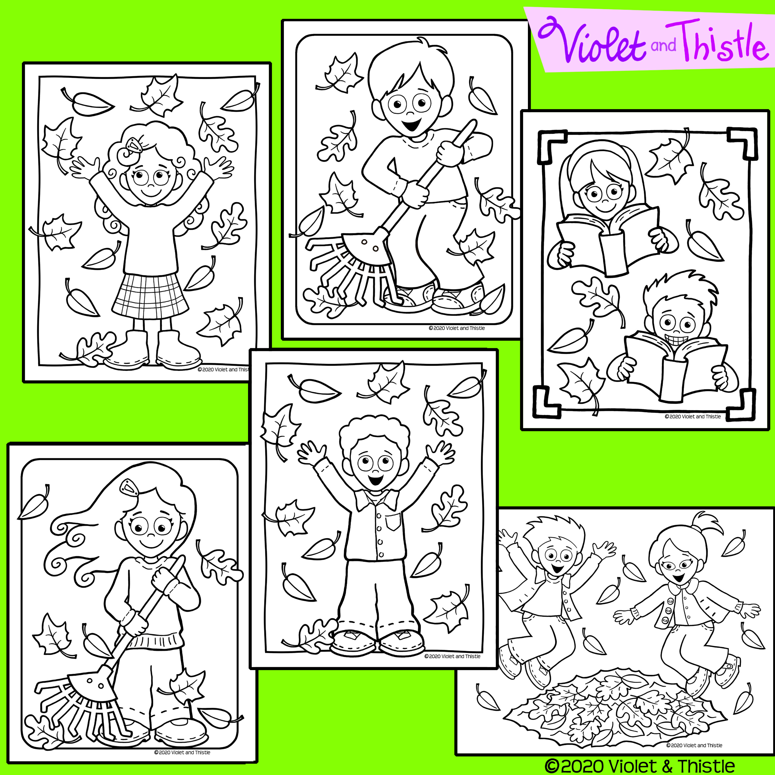 Fall Coloring Pages Fall Kids Verbs Color Sheets Activity Raking Hiking ...