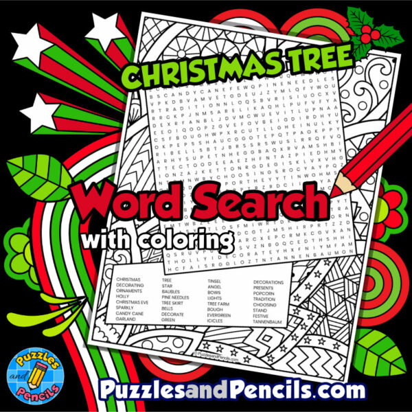 Christmas Tree Word Search Puzzle Activity Page with Coloring