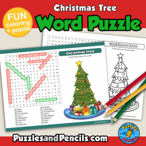 Christmas Tree Word Search Puzzle Activity Page with Coloring Wordsearch Made By Teachers