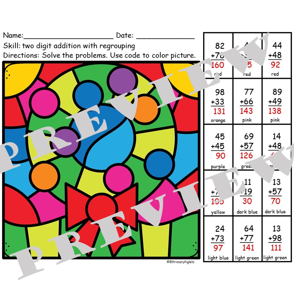 CHRISTMAS 2-DIGIT ADDITION WITH REGROUPING COLOR BY NUMBER CODE | Made ...