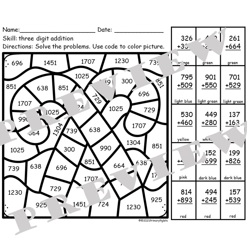 CHRISTMAS 3 DIGIT ADDITION WITH REGROUPING COLOR BY NUMBER CODE