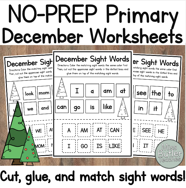 December Kindergarten Worksheets - Cut Glue and Match Sight Words Center! |  Made By Teachers