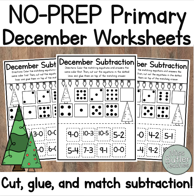 December Kindergarten Worksheets Cut Glue and Match Subtraction Math