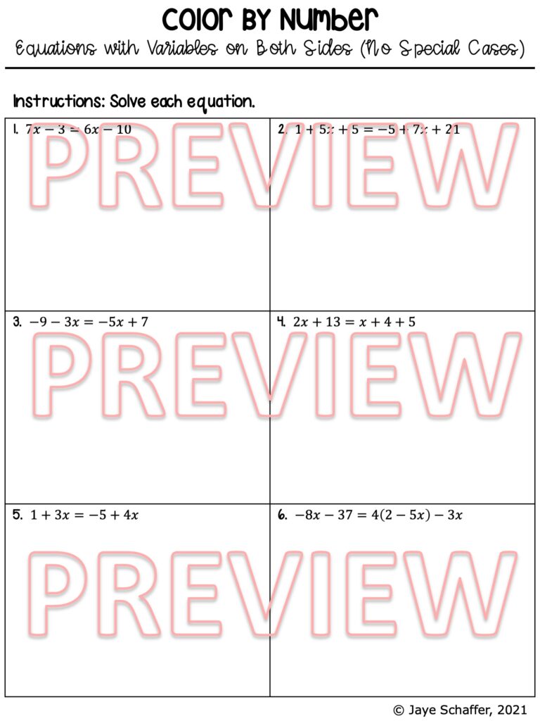 Solving Equations with Variables on Both Sides Coloring Activity | Made ...