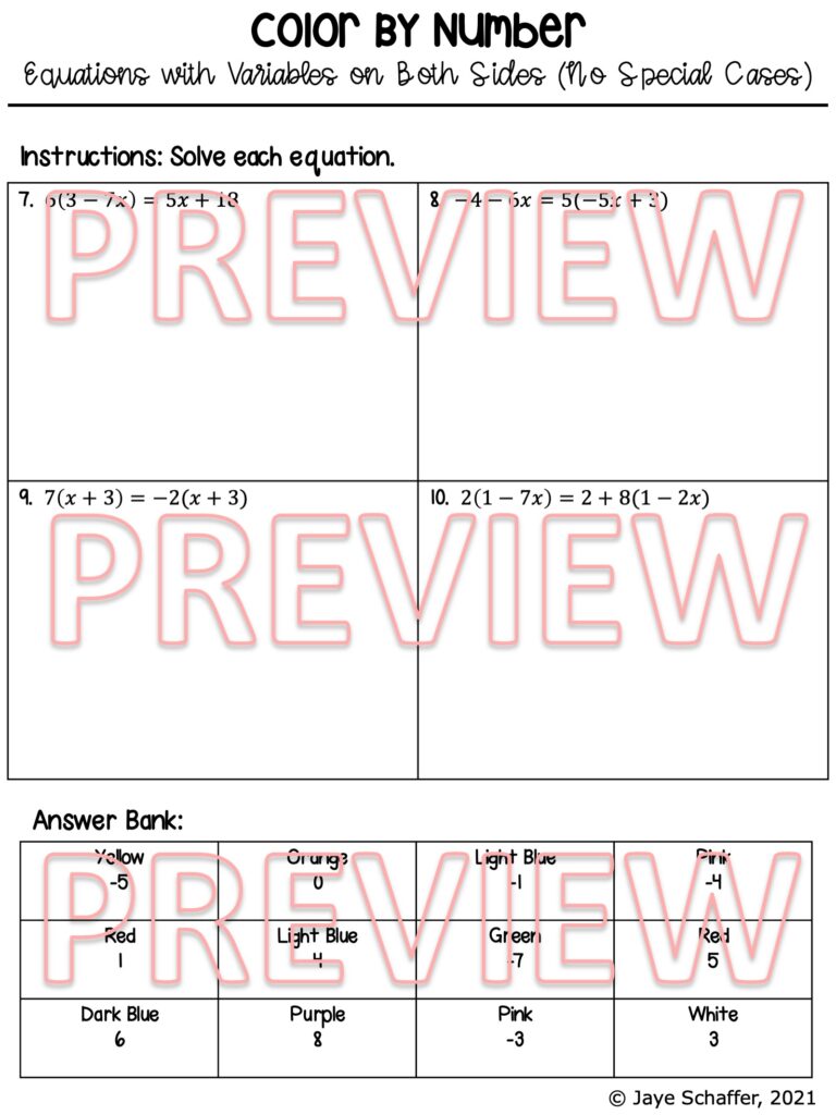 Solving Equations with Variables on Both Sides Coloring Activity | Made ...