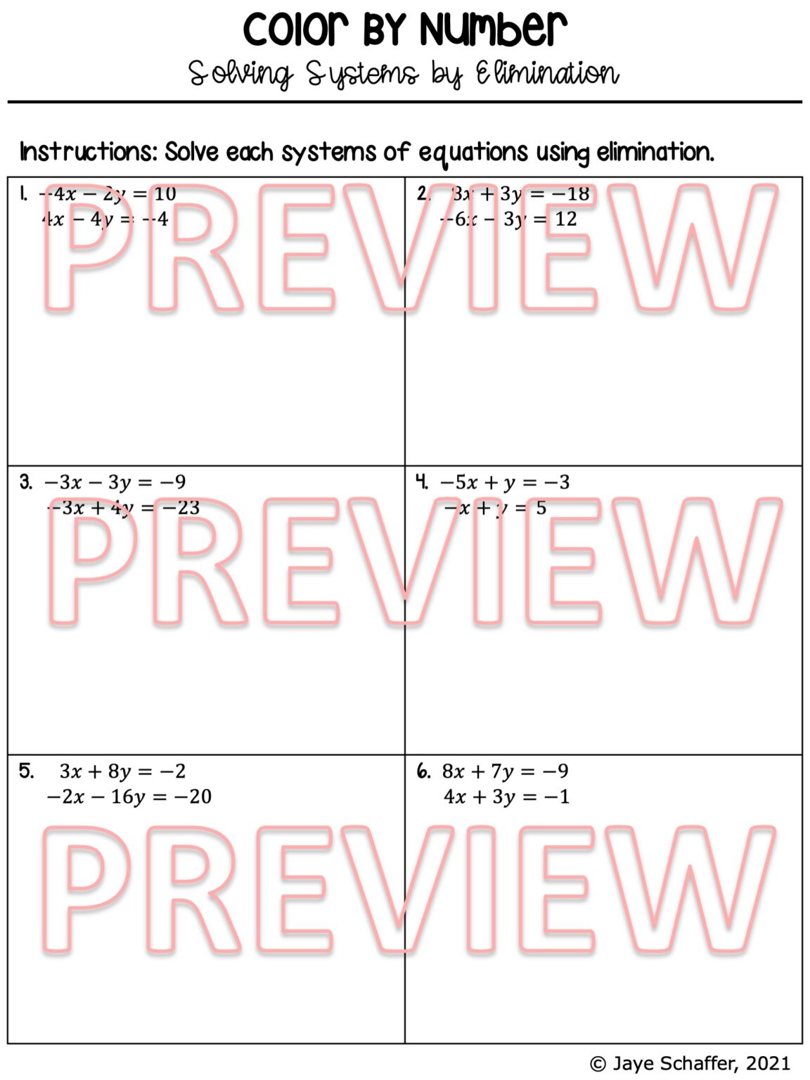 Solving Systems of Equations by Elimination Coloring Activity - Made By ...