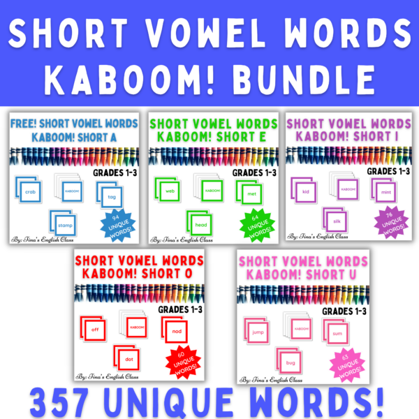 Short Vowel Words KABOOM! BUNDLE Grades 1, 2, 3, Homeschool, ESL