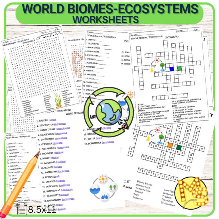 Biomes and Ecosystems Worksheets Crossword-Word Scramble-Word Search