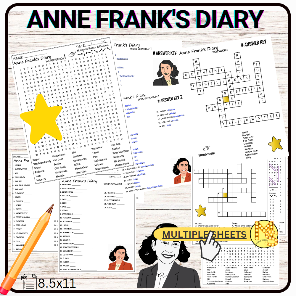 Anne Frank's Diary Novel Worksheets Crossword-Word Scramble-Wordsearch Quiz  | Made By Teachers