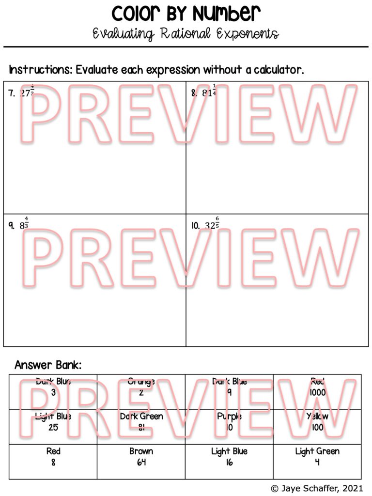 Evaluating Rational Exponents Coloring Activity - Made By Teachers