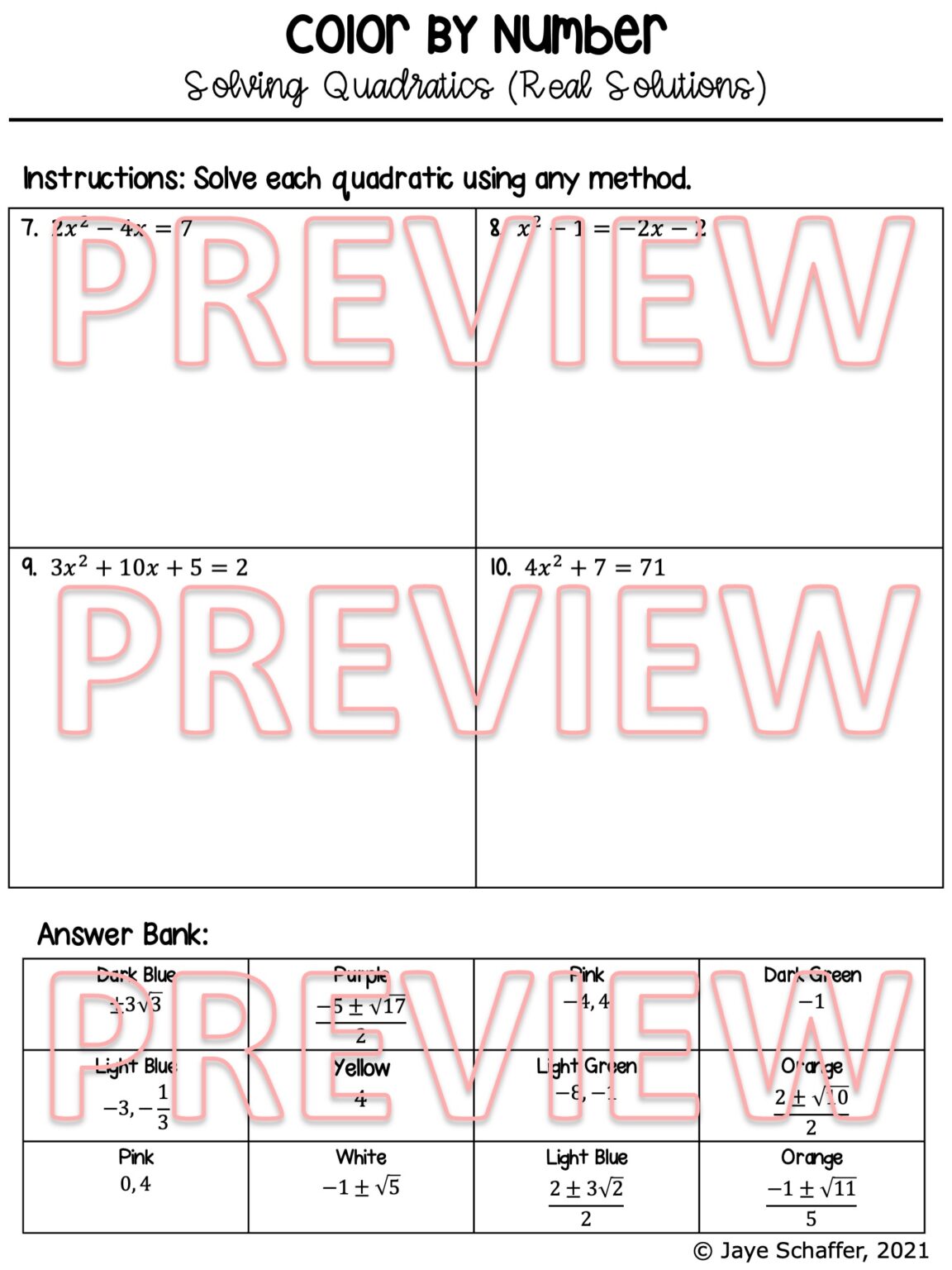 Solving Quadratic Equations Coloring Activity - Made By Teachers