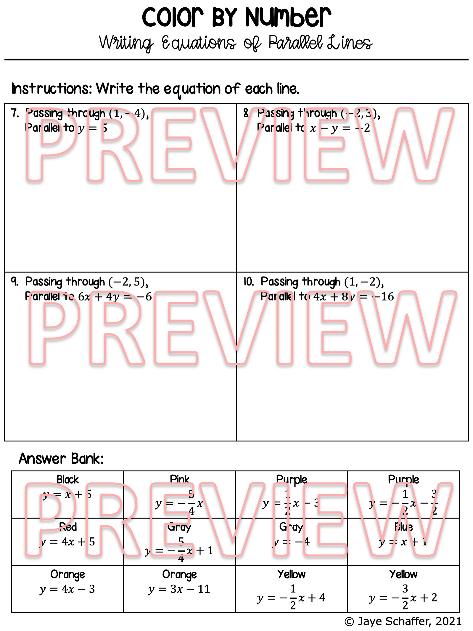 Writing Linear Equations of Parallel Lines Coloring Activity - Made By ...