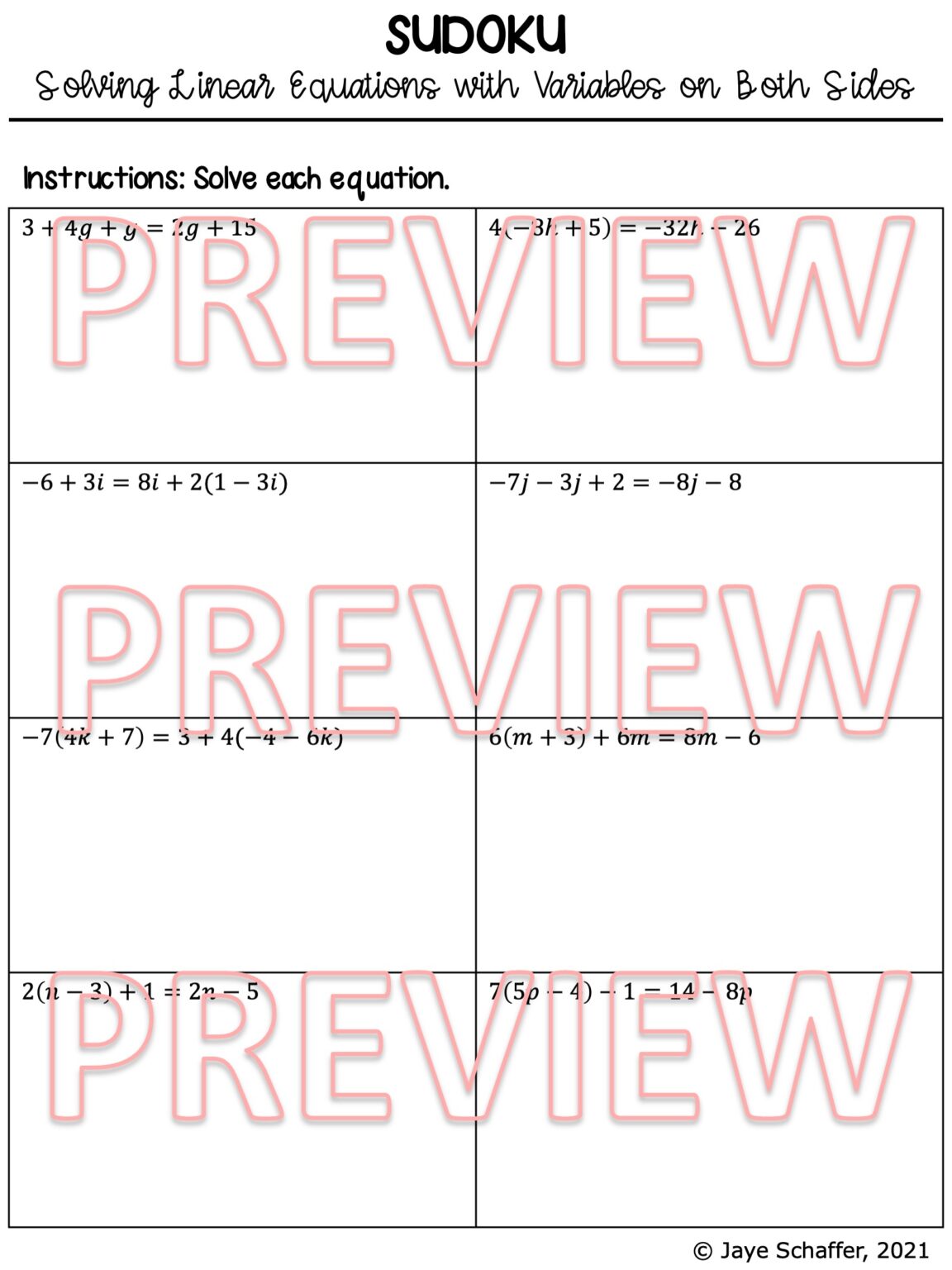 Solving Linear Equations with Variables on Both Sides Sudoku Puzzle ...