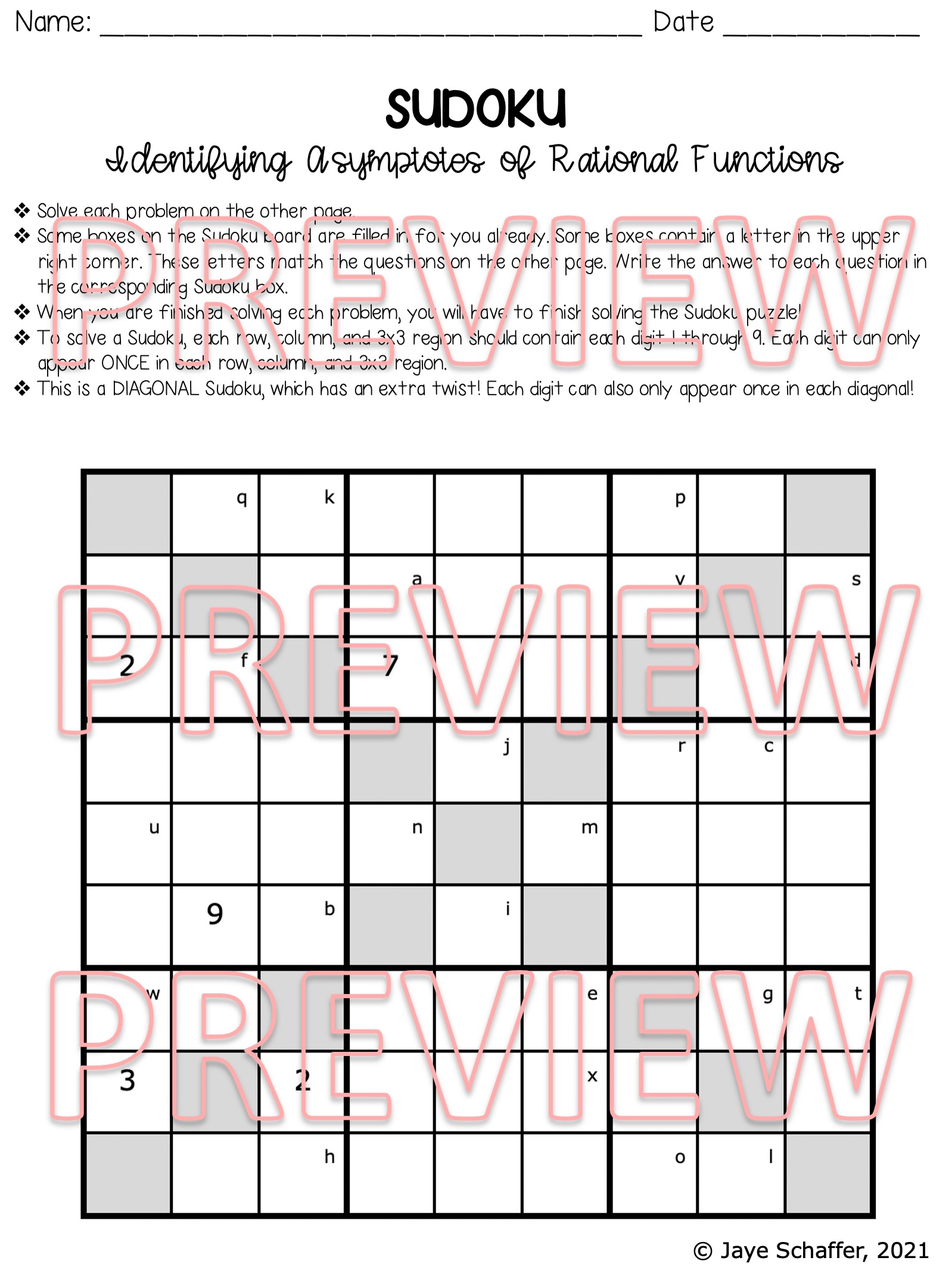 Identifying Asymptotes of Rational Functions Diagonal Sudoku Puzzle ...