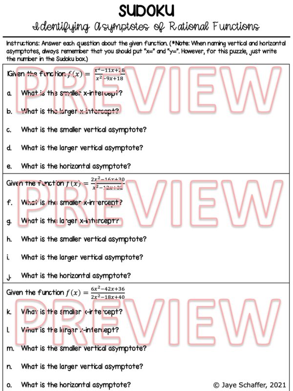 Identifying Asymptotes of Rational Functions Diagonal Sudoku Puzzle ...