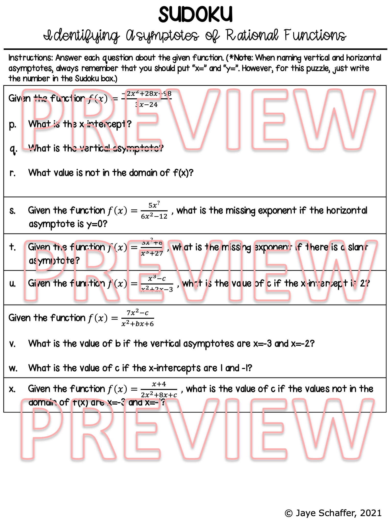Identifying Asymptotes of Rational Functions Diagonal Sudoku Puzzle ...