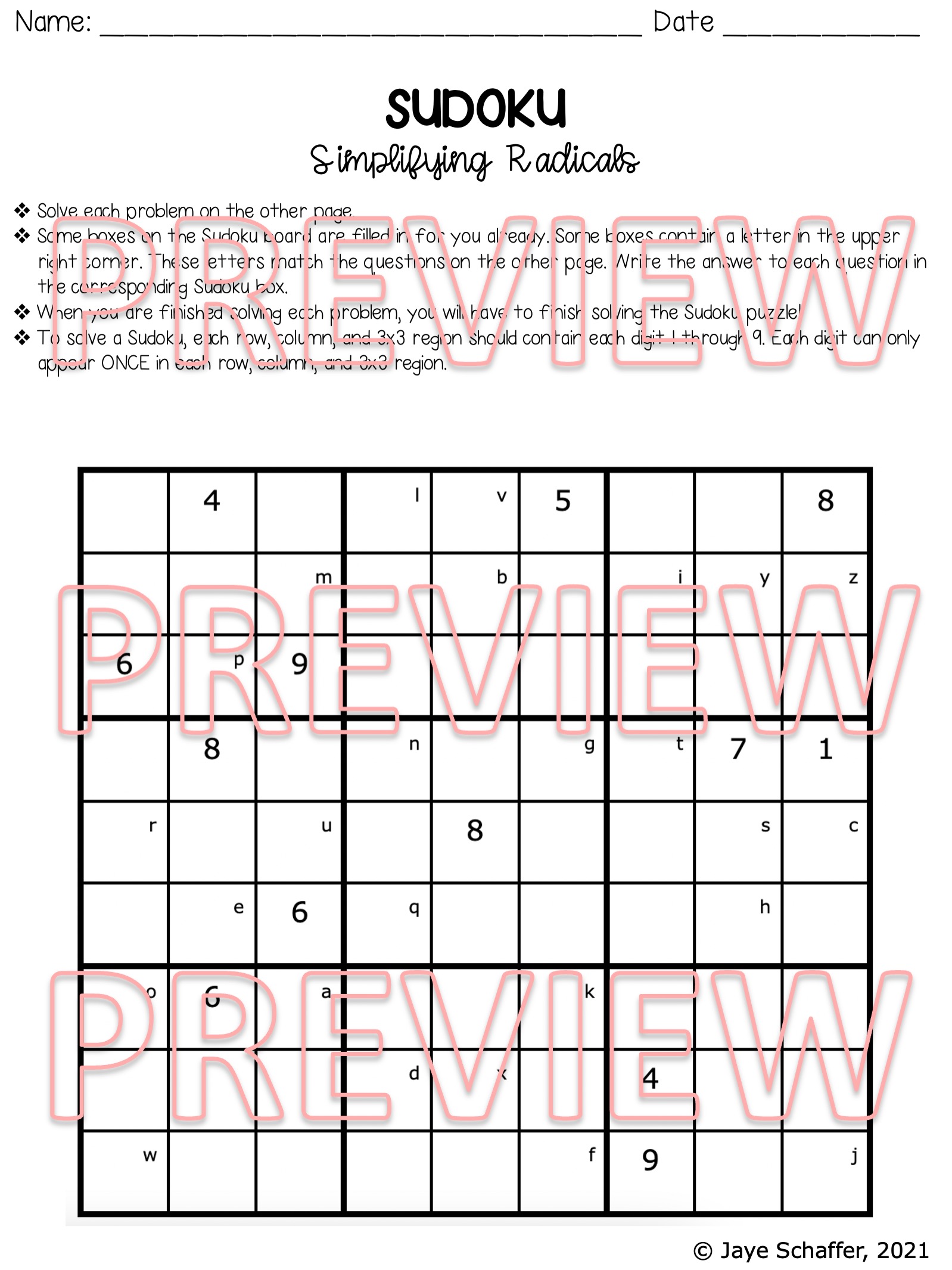 Simplifying Radicals and Radical Operations Sudoku Puzzle Made By
