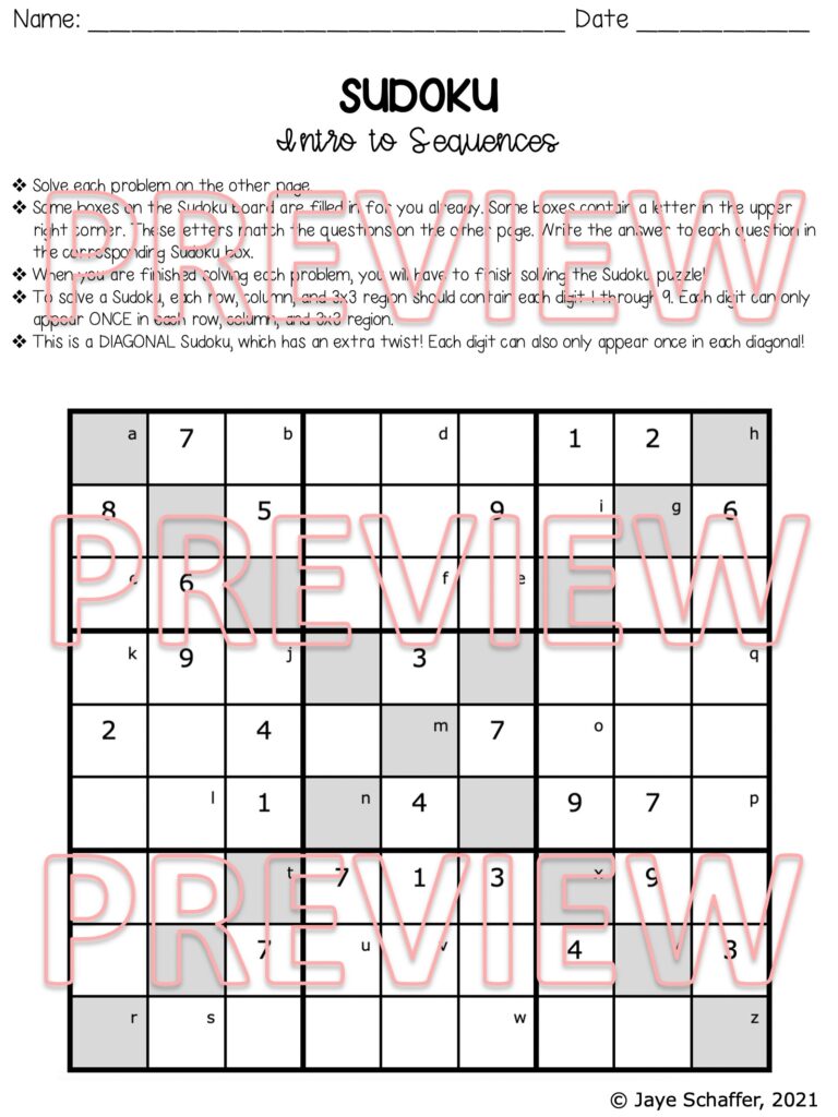 Intro to Sequences Diagonal Sudoku Puzzle Made By Teachers
