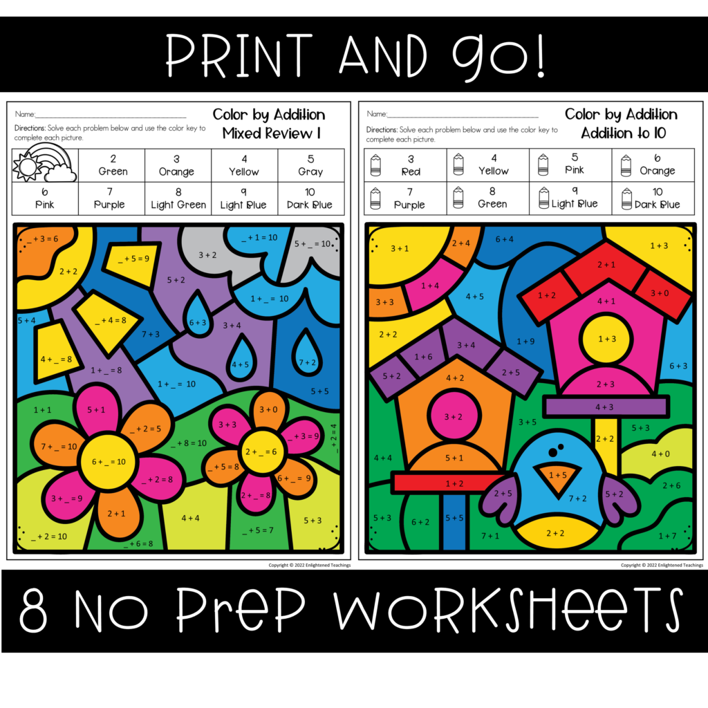 Spring Addition to 10 Color by Code Number NO PREP Coloring Worksheets ...