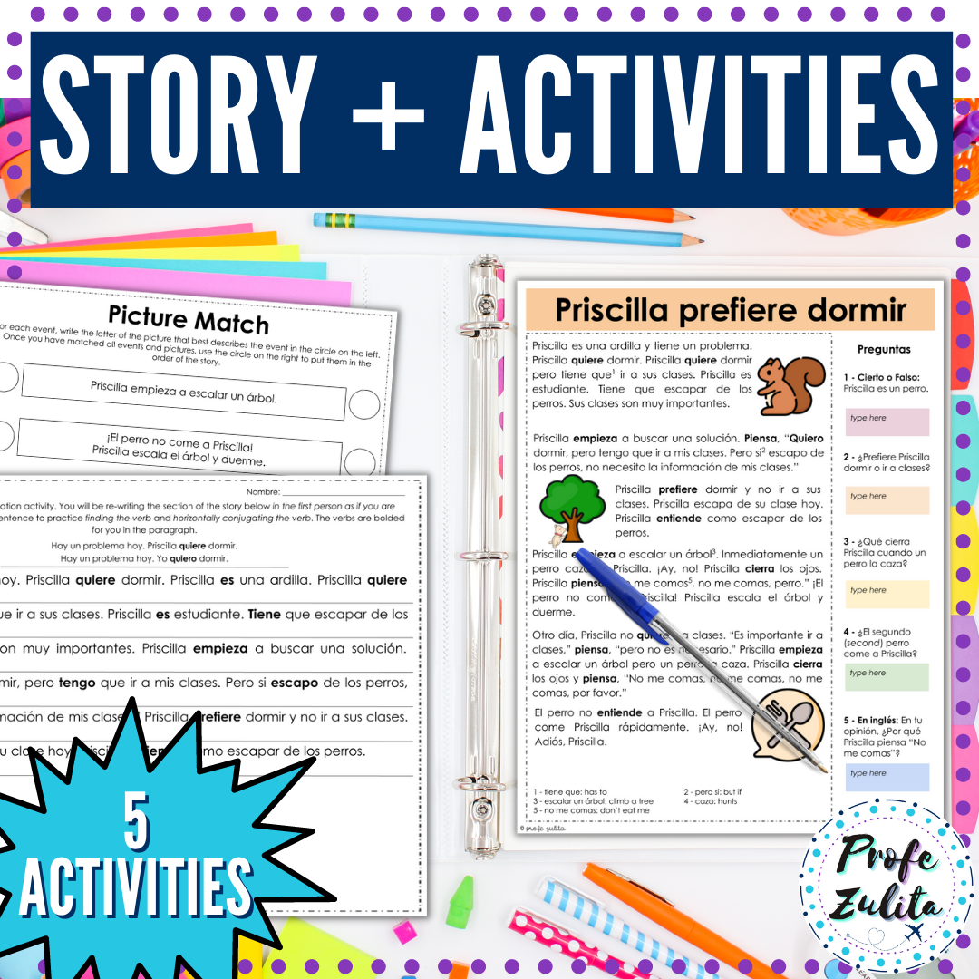 Spanish 10 Day Story & Activities Unit for E to IE Stem Changing Verbs