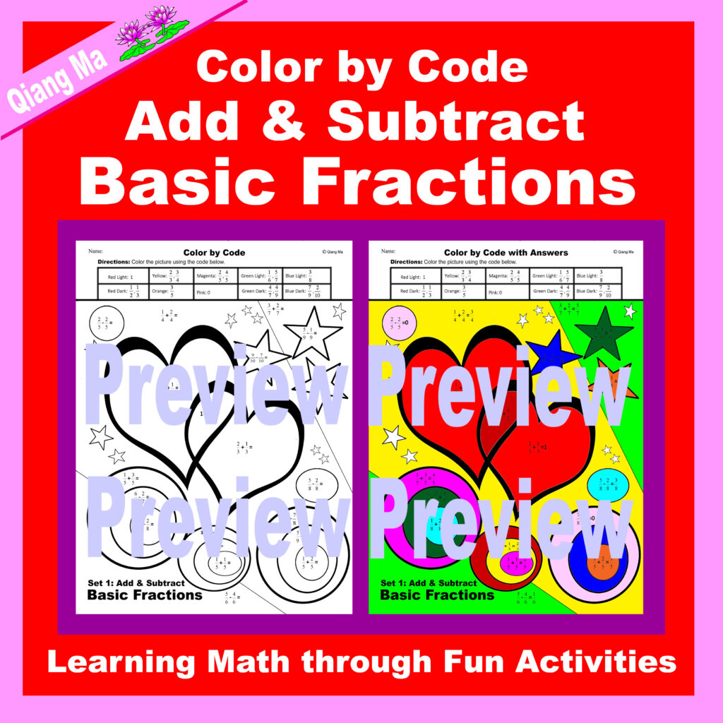 Valentine color by code add and subtract basic fractions made by