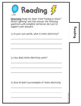 Static Electricity Lab Reading Passages Worksheet and Activity - Made ...