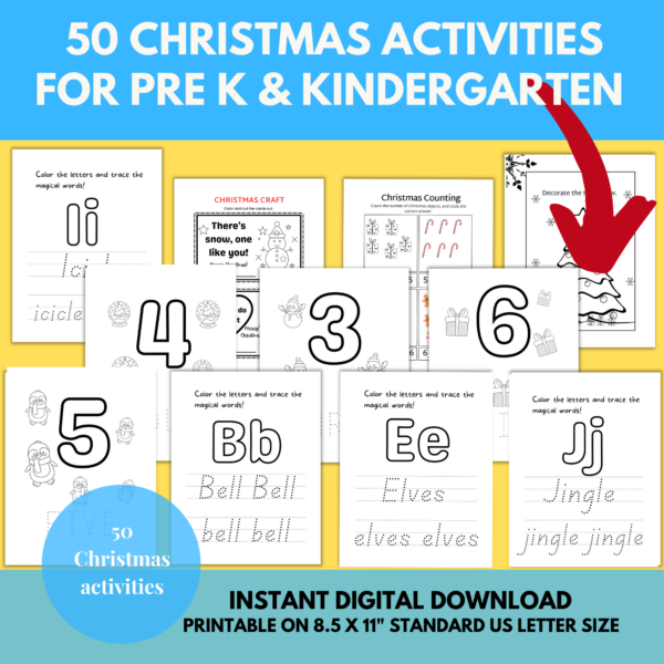 50 No Prep Christmas Activities for Pre K, Printable Christmas ABC, 123