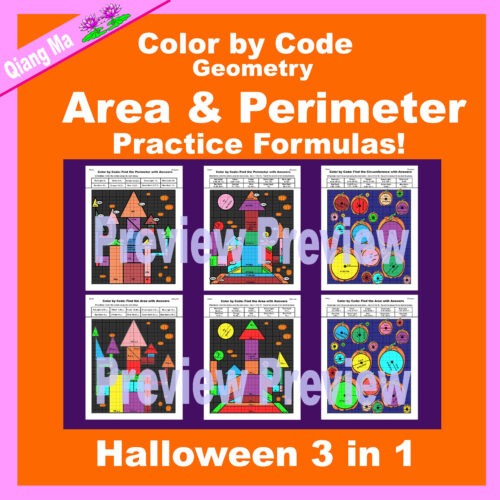 Halloween Color by Code Area and Perimeter Practice Formulas Bundle 3 in Made By Teachers