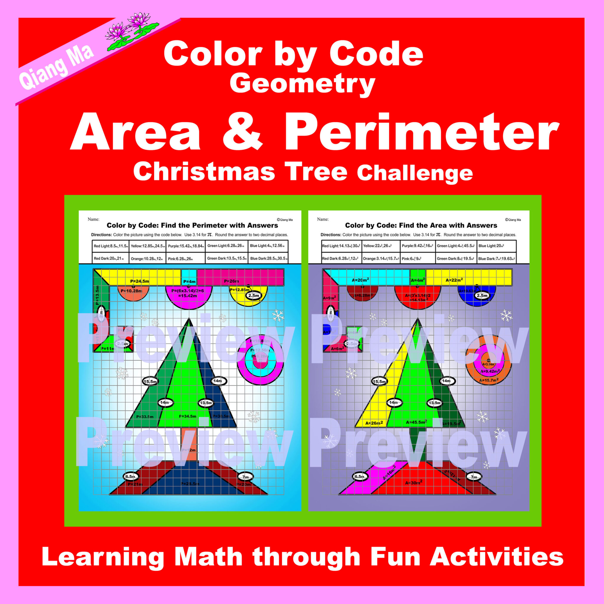 Christmas color by code area and perimeter christmas tree challenge