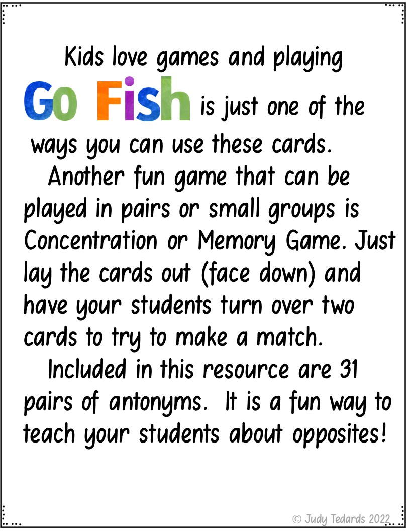 GO FISH {Antonyms} Made By Teachers