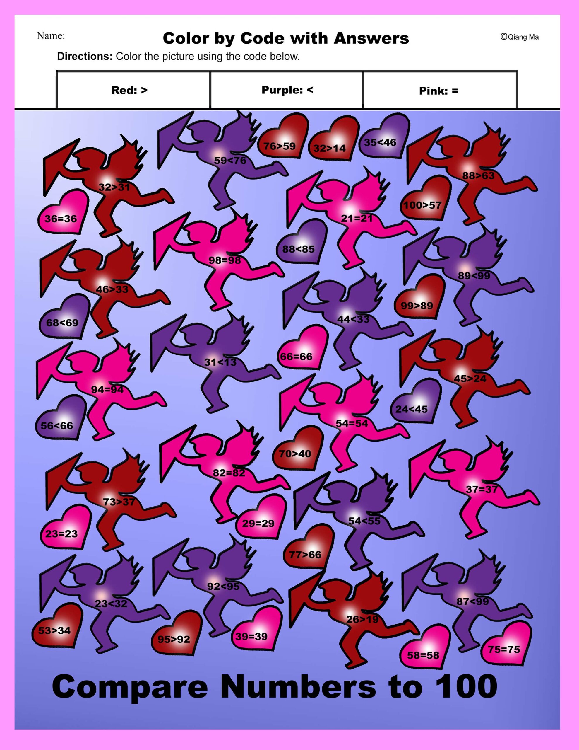 Valentine Color By Code Compare Numbers To 5 10 20 100 Cupid