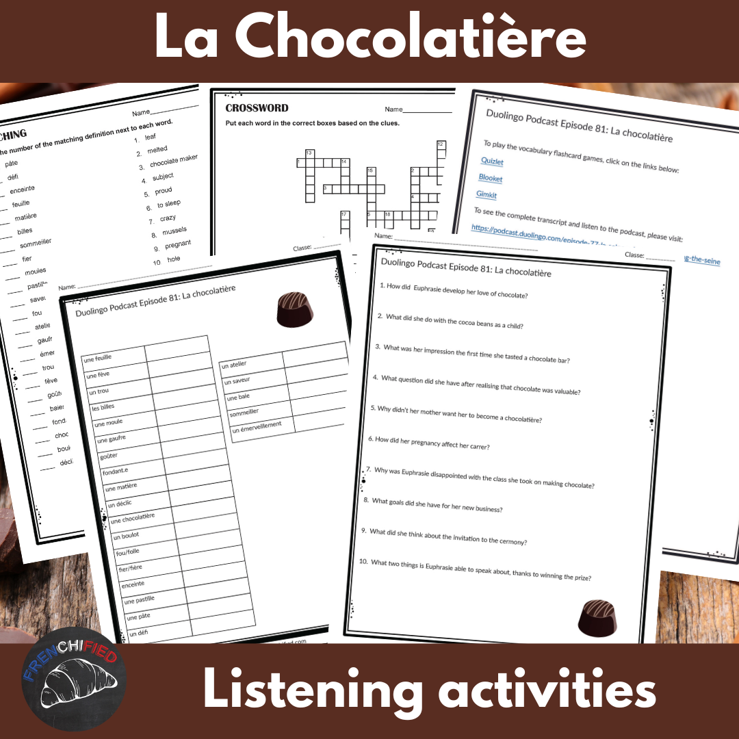Activities to accompany French Duolingo Podcast Episode 81: La Chocolatière