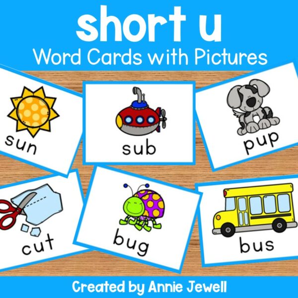 Short Vowel Word Cards with Pictures Flashcards and Worksheets