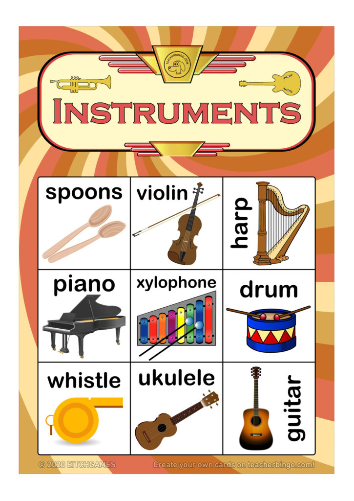 Musical Instruments Bingo 3x3 (100 pages + call sheet) Made By Teachers