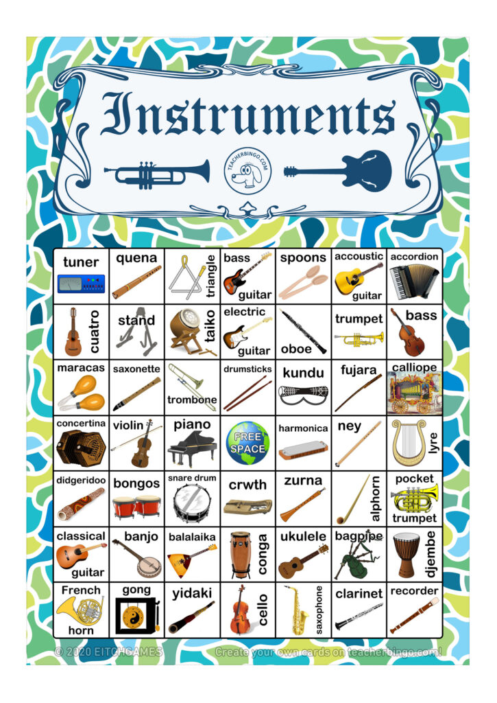 Musical Instruments Bingo 7x7 (100 pages + call sheet) Made By Teachers