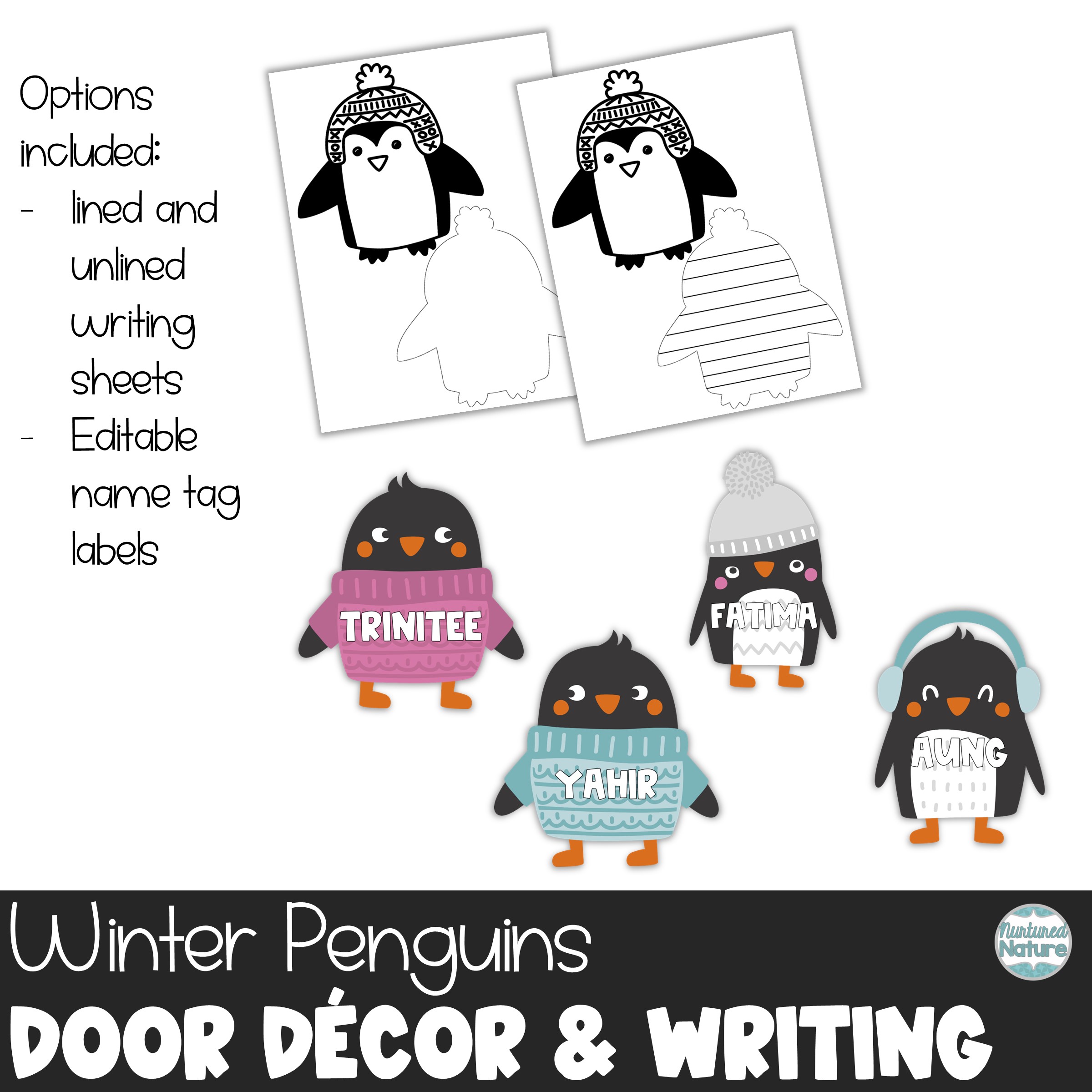 Winter Penguin Door Decoration Kit with Editable Name Tag Labels and Writing Activity | Made By ...