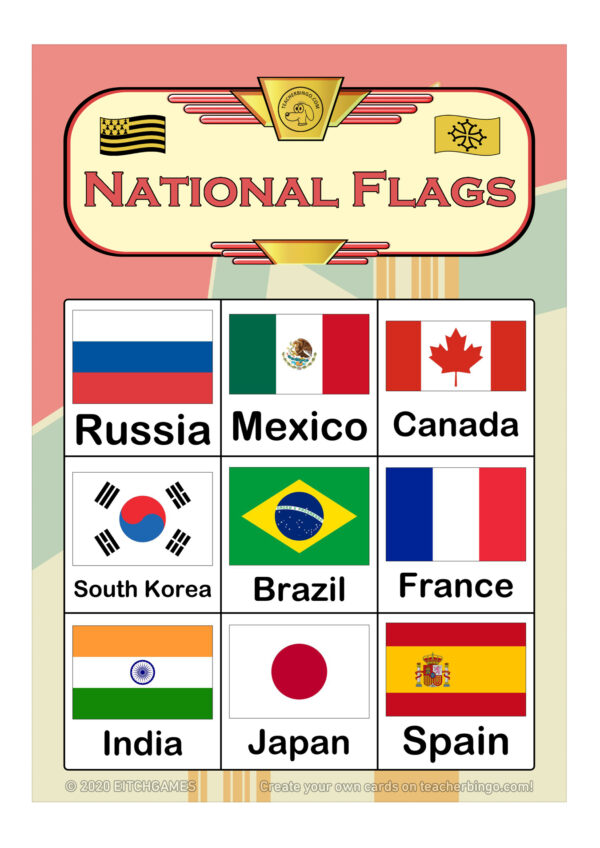 National Flags Bingo 3x3 (100 pages + call sheet) Made By Teachers