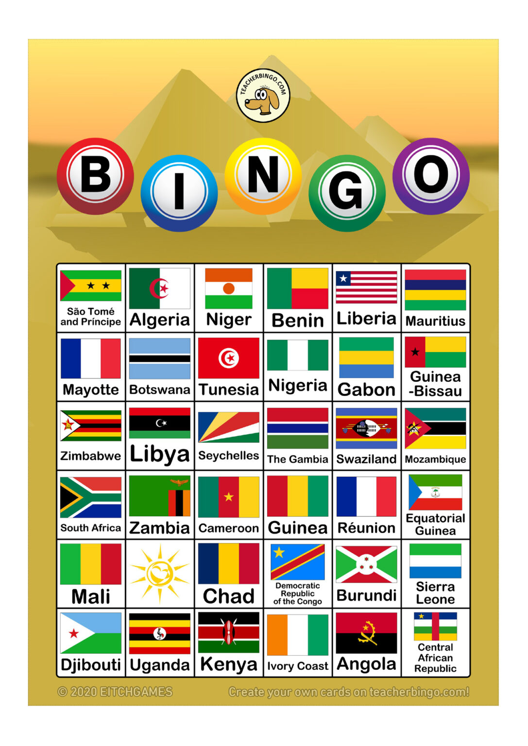 African Flags Bingo 6x6 5 Pages Call Sheet Made By Teachers